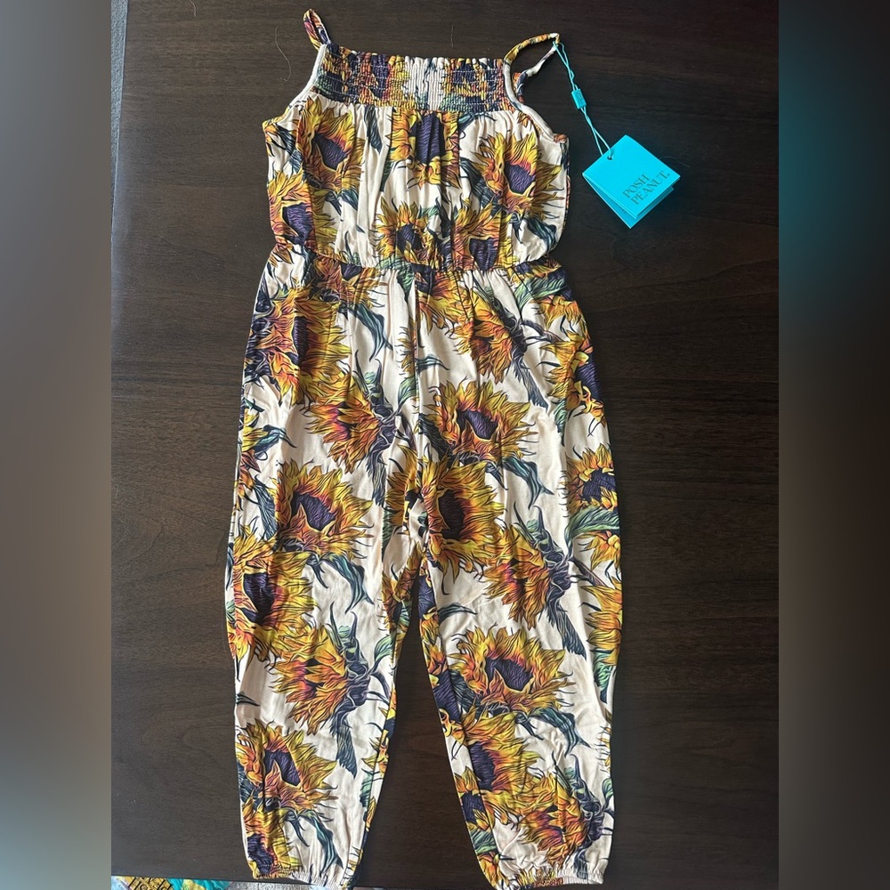 Posh Peanut Sunflower Print Cream Jumpsuit with Yellow and Navy